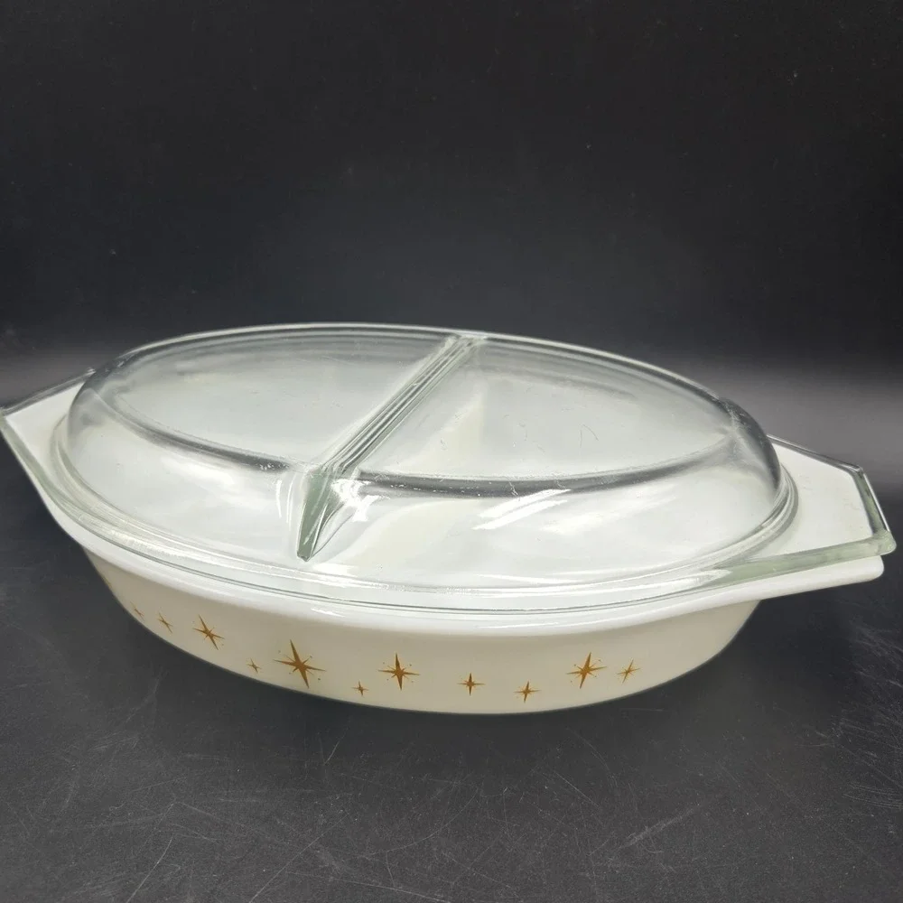 Vintage PYREX Atomic Starburst Gold Divided Casserole Dish 1.5 qt With Lid USA